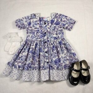 VTG Little Precious Floral Dress Girls 4T Purple Blue Rose Prairie Cottagecore
